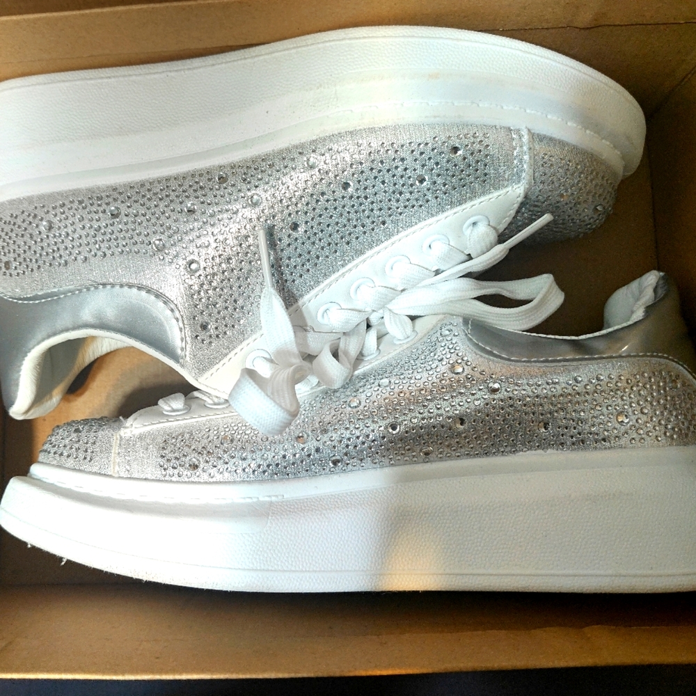 Silver rhinestone and white platform sneakers